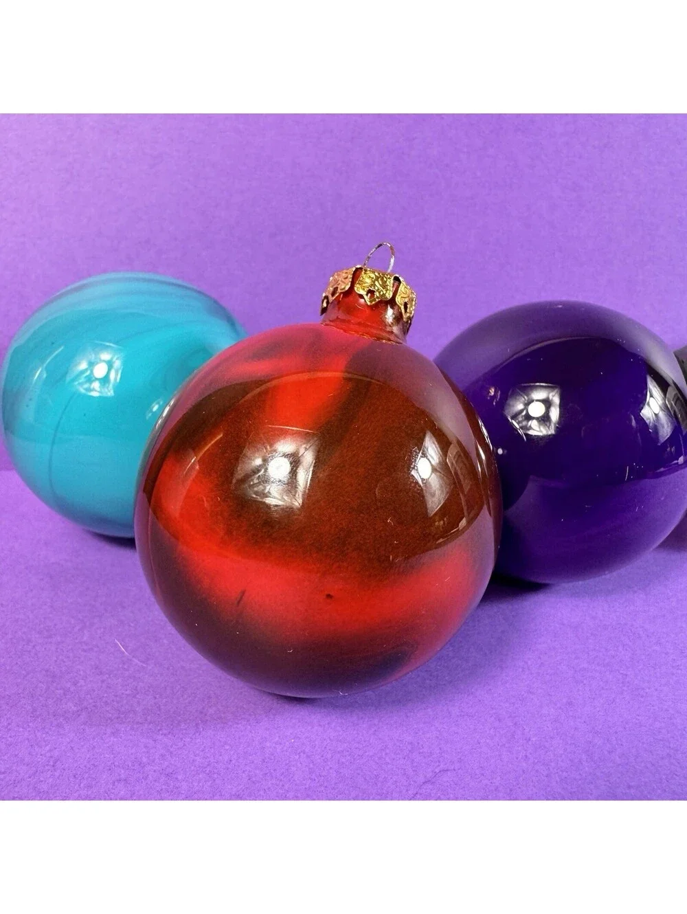 4 Glass Christmas Ornaments Swirl Marbled Red Blue Teal Handpainted 1990s Retro